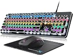 Machine à écrire mécanique jeu clavier et souris, 104-Key Claviers retro de taille complète panneau en métal punk ronde Keycap Clicky Blue Switch avec RGB Souris rétroéclairée et Pad Combo pour PC Ordinateur portable Mac Gamer, Noir