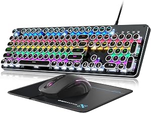 Typewriter Mechanical Gaming Keyboard and Mouse, 104-Key Full Size Retro Keyboards Metal Panel Punk Round Keycap Clicky Blue Switch with RGB Backlit Mouse and Pad Combo for PC Laptop Mac Gamer, Black