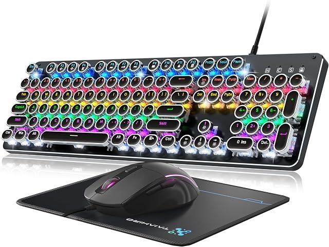 Machine à écrire mécanique jeu clavier et souris, 104-Key Claviers retro de taille complète panneau en métal punk ronde Keycap Clicky Blue Switch avec RGB Souris rétroéclairée et Pad Combo pour PC Ordinateur portable Mac Gamer, Noir