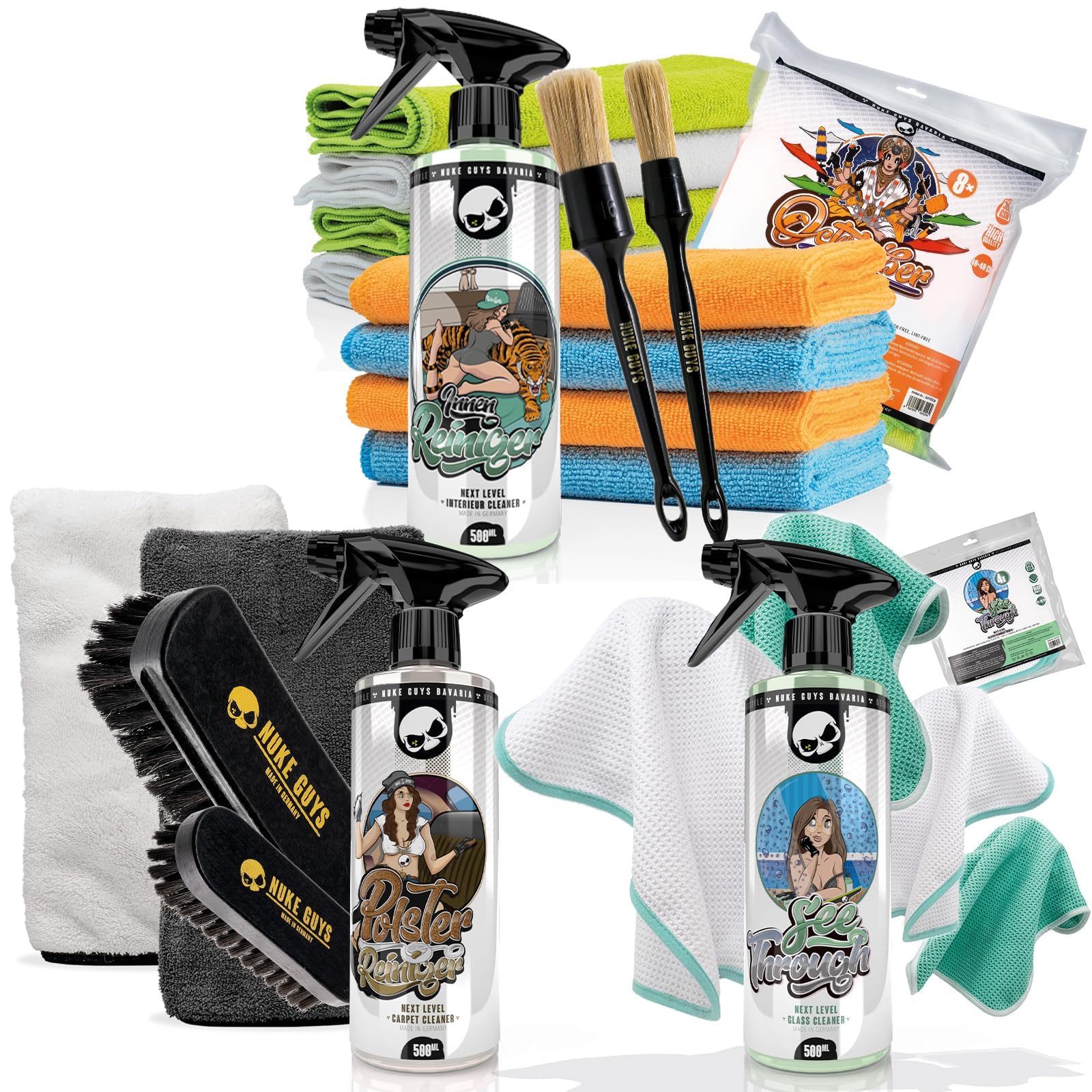 Nuke Guys Auto Innenreinigung Bundle Deluxe | Polsterreiniger 0,5L + Glasreiniger 0,5L + Innenreiniger 0,5L + 8X Mikrofasertuch + 4X Waffeltuch + 2X Handschuh + Bürsten + Pinsel