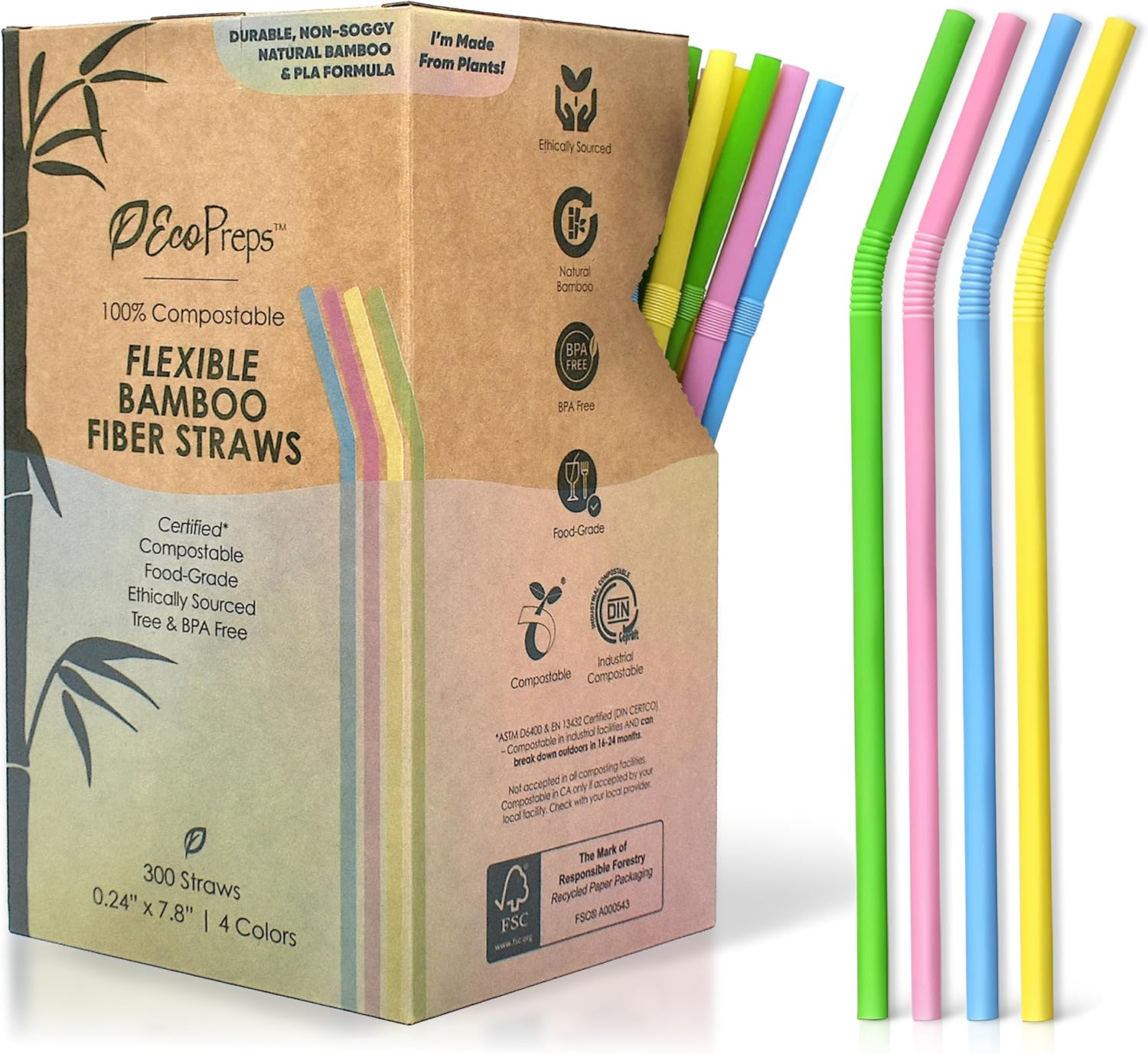 EcoPreps Colorful Biodegradable Flexible Drinking Straws | Bendable 300 Count, 100% Compostable, Plastic-Free, Eco-Friendly Straws for Cold Drinks | 7.8'' Multi-Color Bamboo Fiber Disposable Straw Set