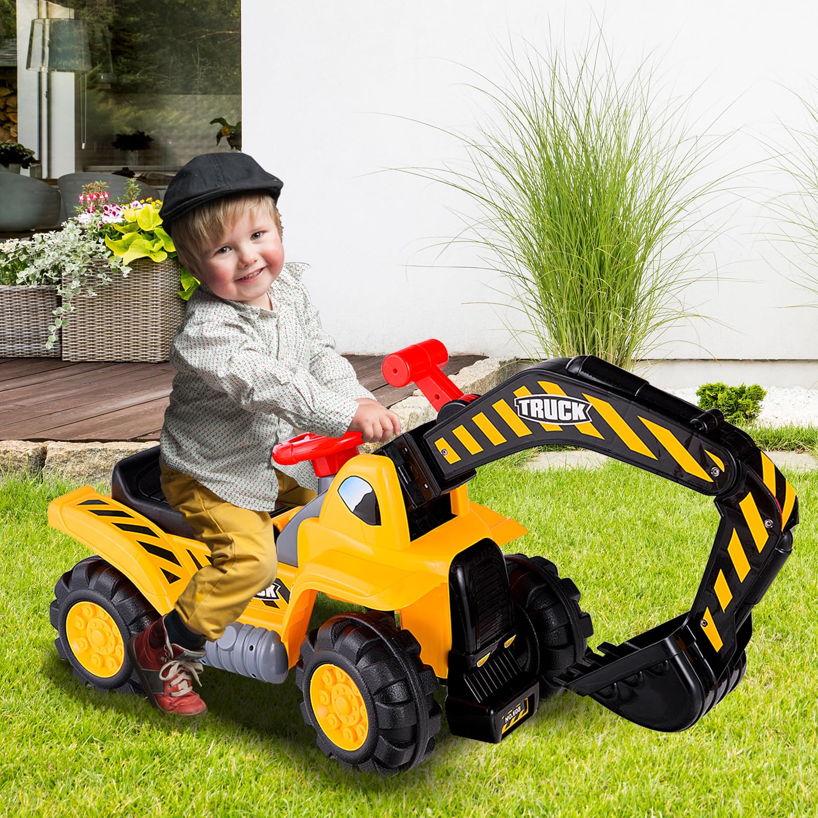 SOARS Sitzbagger, Aufsitzbagger mit Stauraum unter dem Sitz, Kinderbagger mit Horn & Soundeffekten, Sandkasten Bagger mit Verstellbarer Schaufel, inkl. Helm & 3 Spielzeug Stein