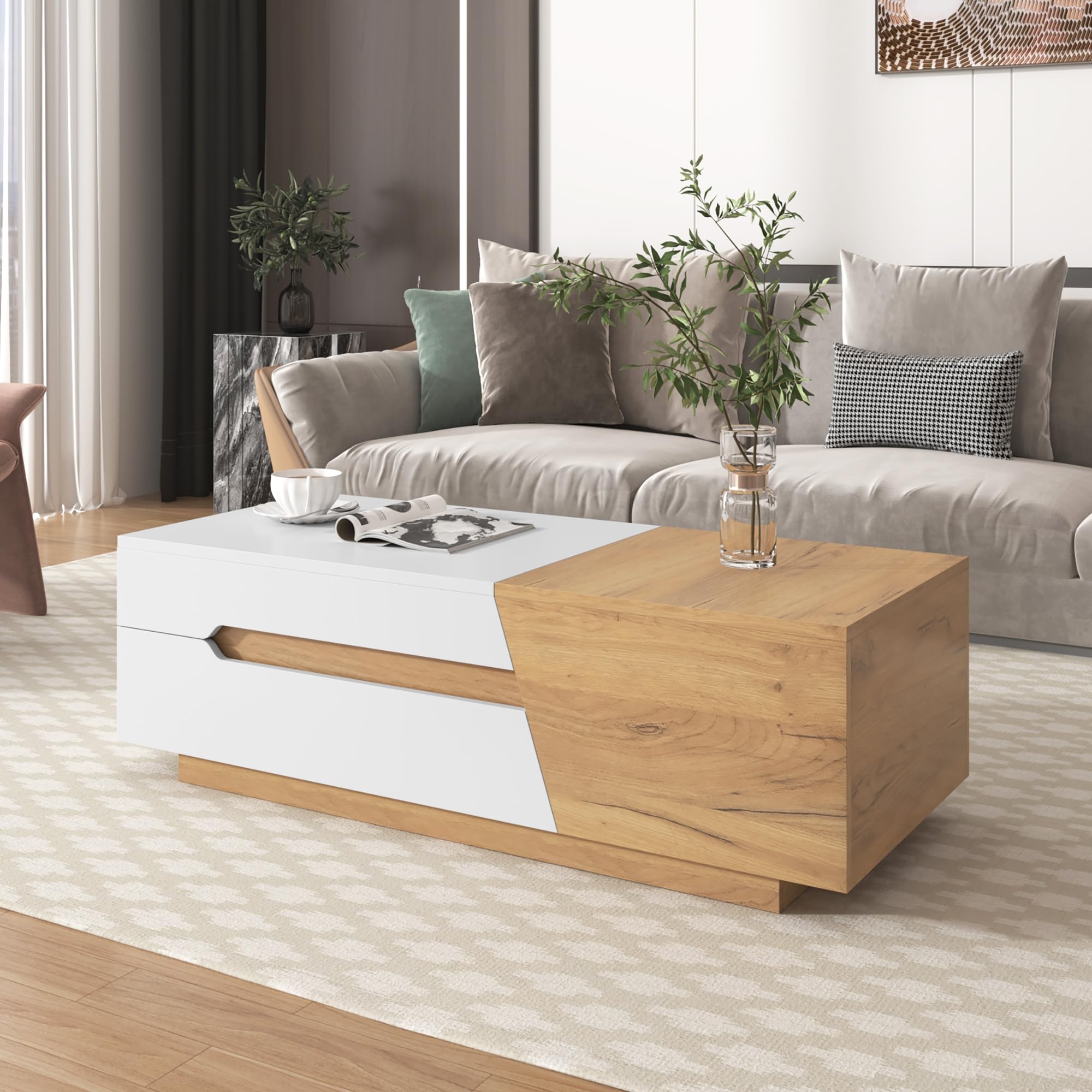 SUKY Mesa de centro extensible, mesa de salón con cajones, mesa auxiliar con estructura de bloques de color, 120 x 50 x 37,5 cm, color blanco y madera