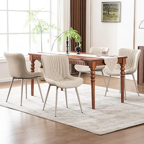 Miniatura 3 de YOUTASTE Juego de 2 sillas de comedor color crema, sillas de cocina modernas y cómodas de mediados de siglo, piel sintética tapizada, patas de metal