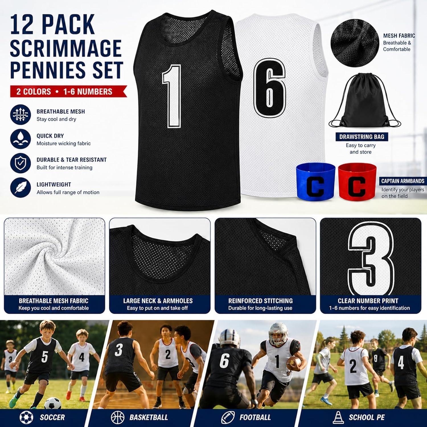 12 Packs Numbered Soccer Pinnies, Quick-Dry Soccer Basketball Scrimmage Vests with Drawstring Bag