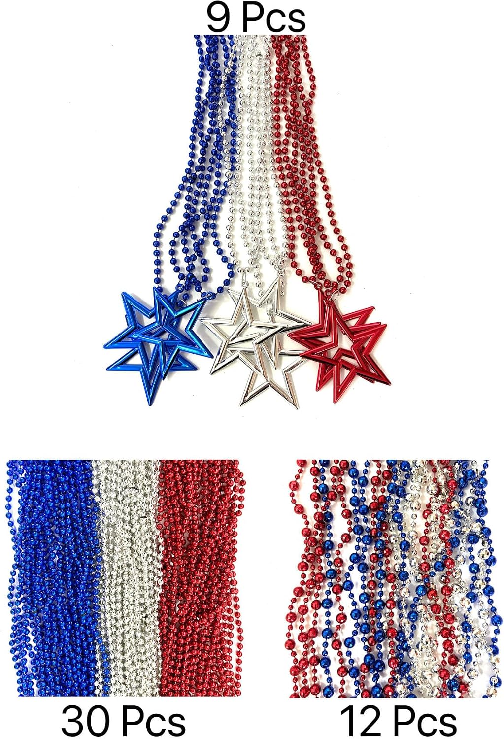 108 Pcs 4th of July Beads Necklaces Independence Day Red Blue Silver Bead Necklaces Fourth of July Patriotic Parade Party Celebration Decorations