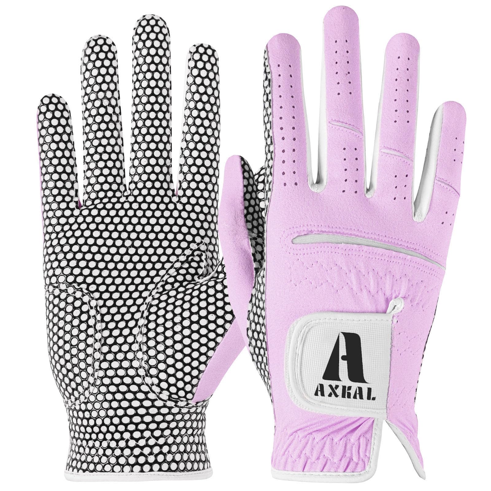 AXKAL Women Golf Gloves Enhanced Grip Comfortable 1 Pack Right Left Hand, Breathable Durable Hot Wet All-Weather Soft Ladies Golf Gloves Purple Pink for Sizes S M ML L XL (Purple, S, Right)
