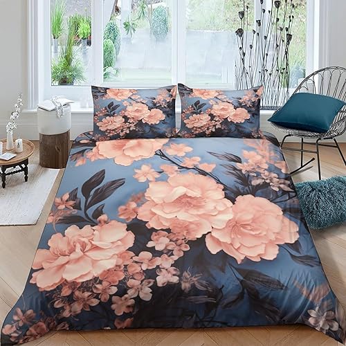 Funda de edredón con diseño de flores, tamaño Queen, color rosa, azul, ramas de flores, flores silvestres y hierba, juego de ropa de cama estético