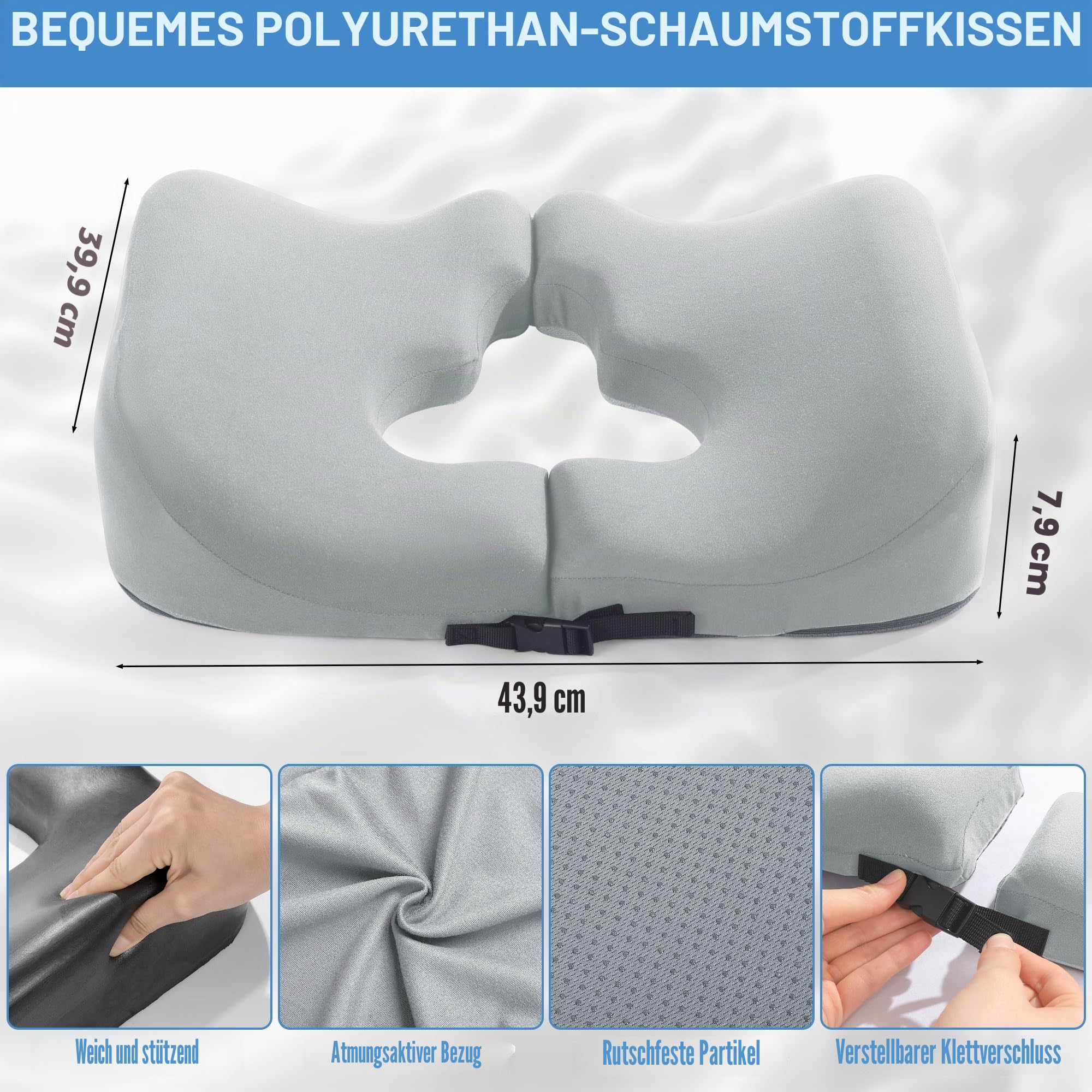 HOMBYS Kissen aus Memory-Schaum für den Hintern, Dekubitus-Druckentlastungskissen zum Schlafen und Sitzen, Kissen für Wundliegen am Gesäß, T-förmiges Steißbeinkissen, zum Patent angemeldet (Hellgrau)