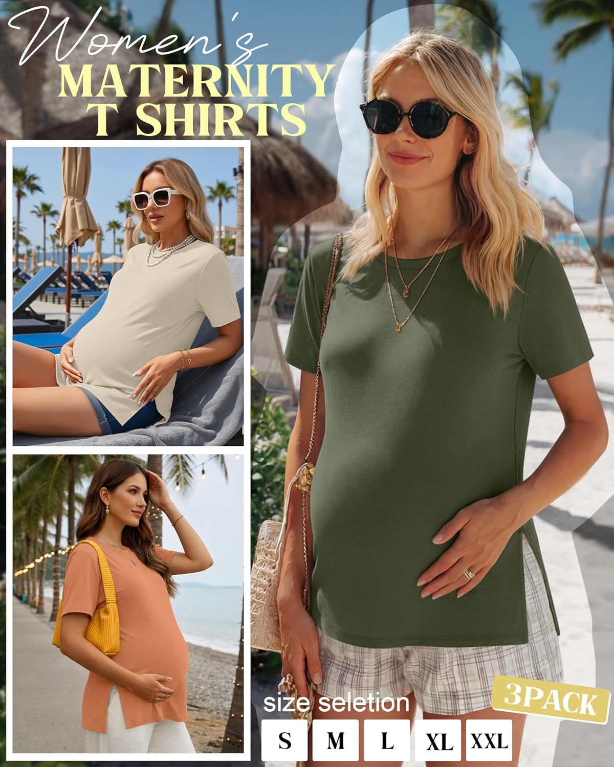 Ficerd 3 Pack Women's Maternity T Shirts, Short Sleeve Side Split Pregnancy Tops Casual Crew Neck Pregnant Tees Mama Clothes - Image 2