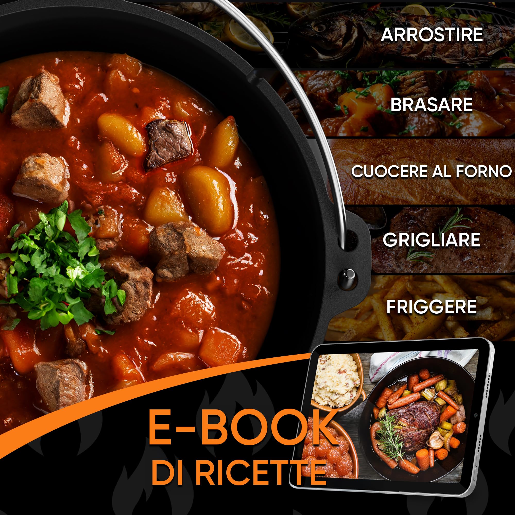 Cocotte Fonte Barbecue 4,5L – Cocotte en fonte pré-assaisonnée avec pieds et couvercle pratique, idéale pour pain, ragoûts, BBQ & camping