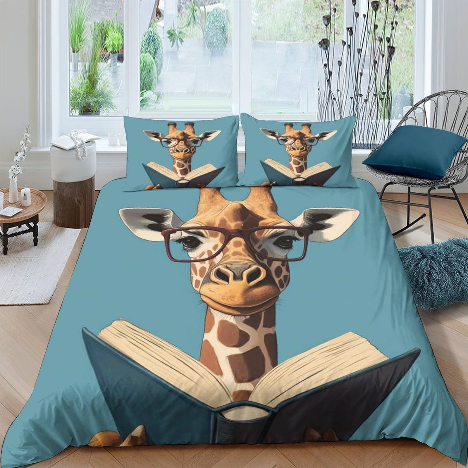 Ctjqhvkz Style-9 3D Printed Reading Giraffe Fitted Sheet Microfiber Soft Blue Glasses Animal Bed Cover For Bedroom Dorm Easy Care Decor Single（135X200cm）