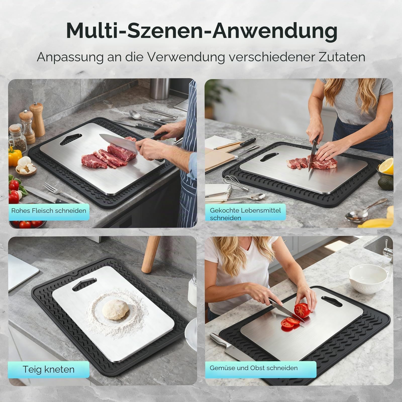 Titan Schneidebrett Set 3-teilig,S316 Schneidebrett Edelstahl,2 mm Verdickt,Mit Anti-Rutsch-Pad,BPA-freies Doppelseitiges Lebensmittel Titanium Cutting Board, ideal für Fleisch, Brot, Gemüse & Obst