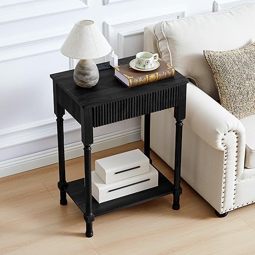 Miniatura 12 de Juego de 2 mesas auxiliares estriadas con estación de carga, mesa auxiliar moderna de mediados de siglo con almacenamiento de cajones, mesitas de 2