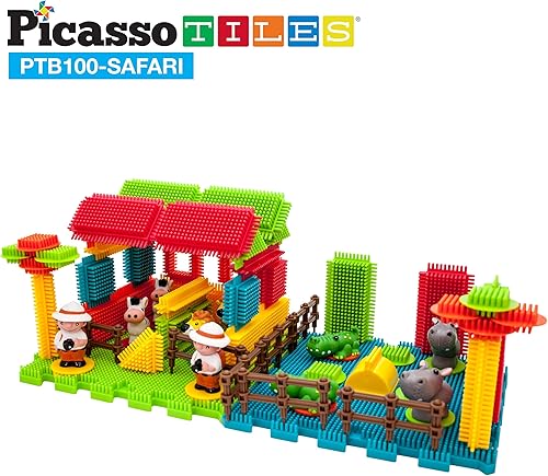 Miniatura 4 de PicassoTiles PTB100 - Juego de 100 piezas de bloques de construcción 3D con bloqueo de cerdas, juego temático de safari, juego de aprendizaje, juego