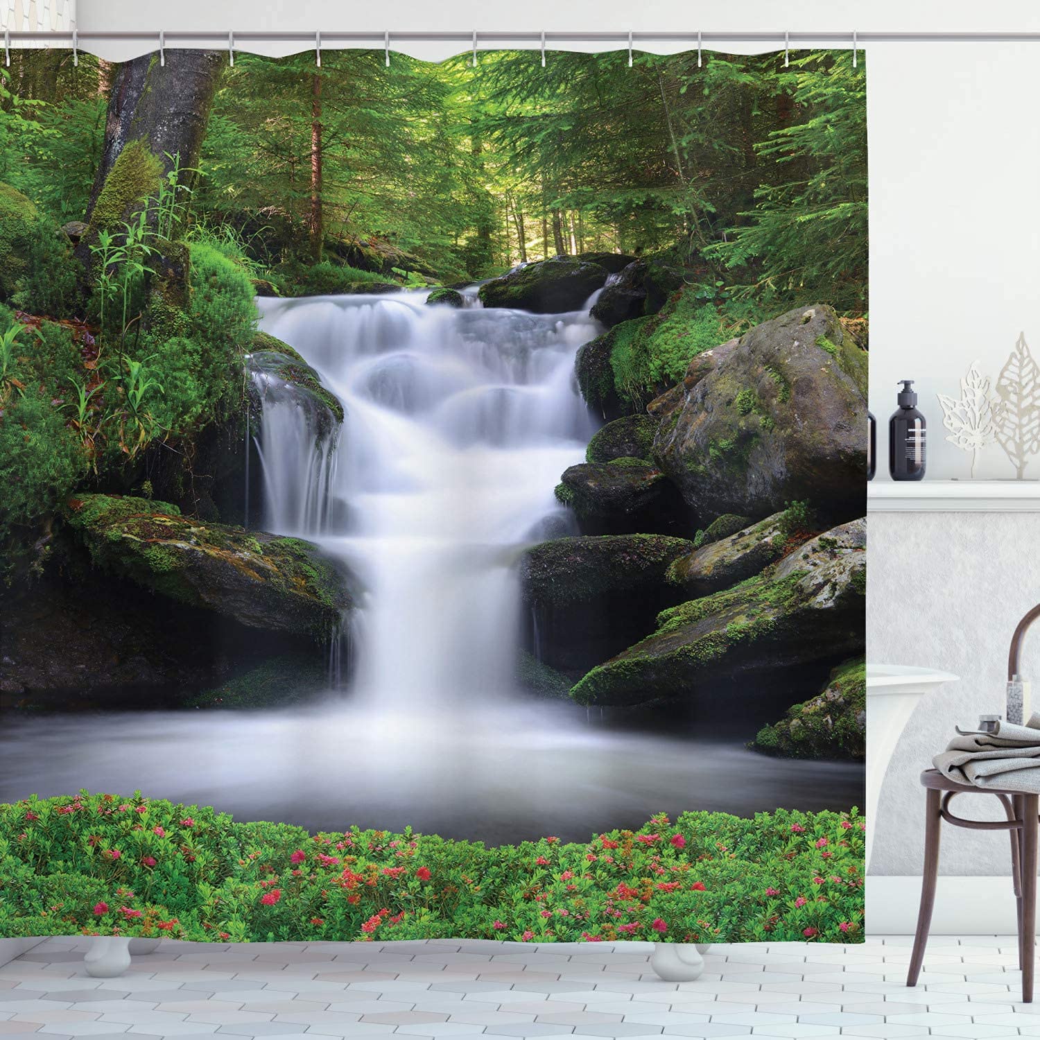 Jianglany White Green 3D Waterfall Garden Curtain Shower Curtain Image Of Waterfall With Trees And Flowers In Forest 3D Landscape Scenery Bathroom Decoration Curtains With Hook 71X 71 Inches