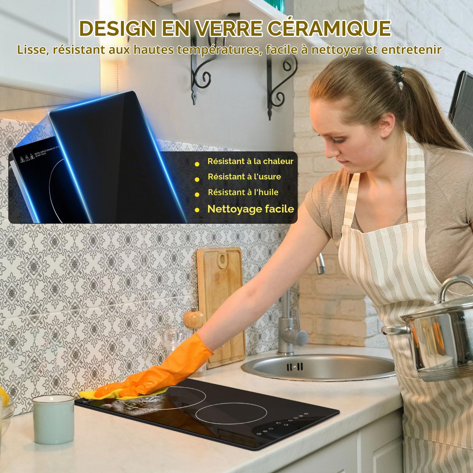 Plaque Vitrocéramique 2 Feux Encastrable, Plaque de Cuisson 3000W Tactile, 9 Niveaux de Puissance, Maintien au Chaud, Minuterie, Sécurité Enfants, Compatible Tous Types de Casseroles