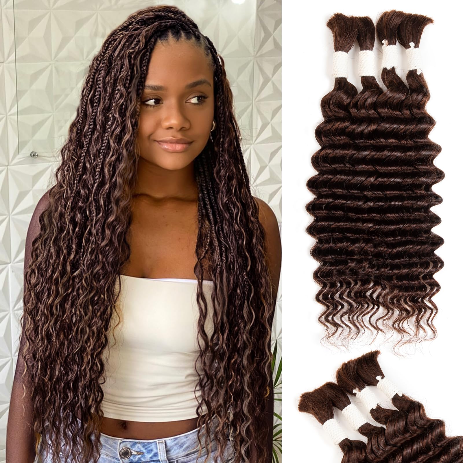 Human Braiding Hair Deep Water Wave 4 Bundles/Pack 100g 16 Inch, Dark Brown Bulk Human Hair Braiding Hair for Boho Braids
