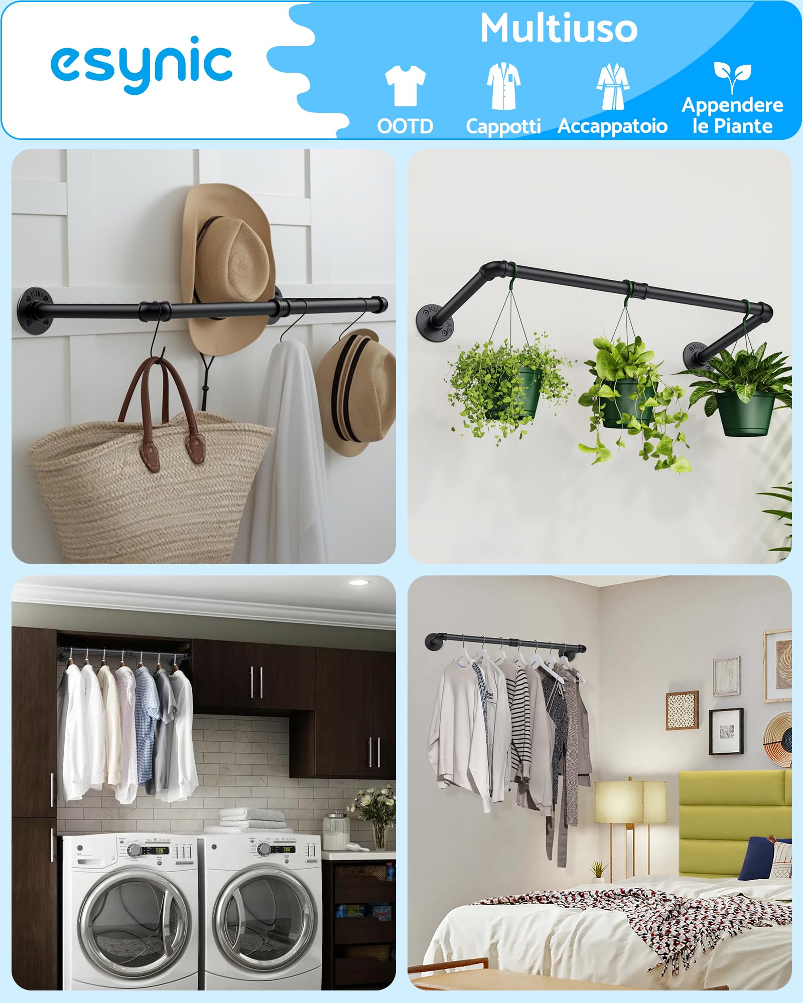 ESYNiC 2x60cm Tubi Appendiabiti da Parete in Ferro Stile Industriale Carico 25KG, Paio Attaccapanni da Muro Salvaspazio Porta Asciugamani da 60x25cm per Ingresso Guardaroba Bagno Ristorante - Nero