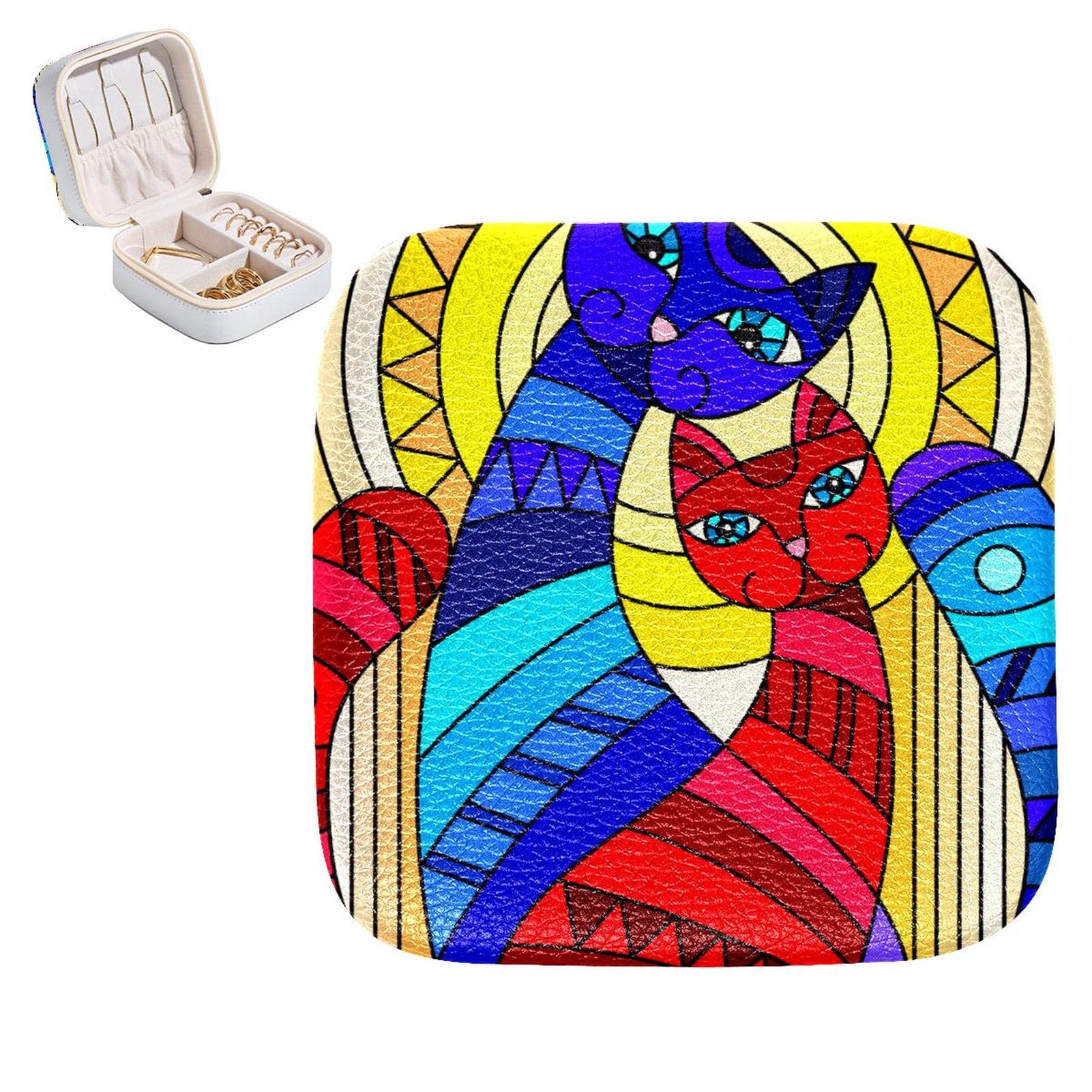 Boîte à bijoux cuir PU chat mosaïque anti-rayures avec compartiments modulables