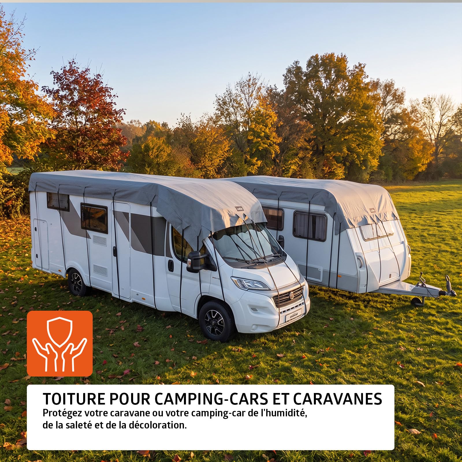 Campout Toiture pour Caravane et Camping-Car 7,5 x 3 m – Protection de Toit – Housse pour Caravane – Respirante 3 Couches SFS Non-tissé PP 160g/m² – 11 Sangles en polypropylène –