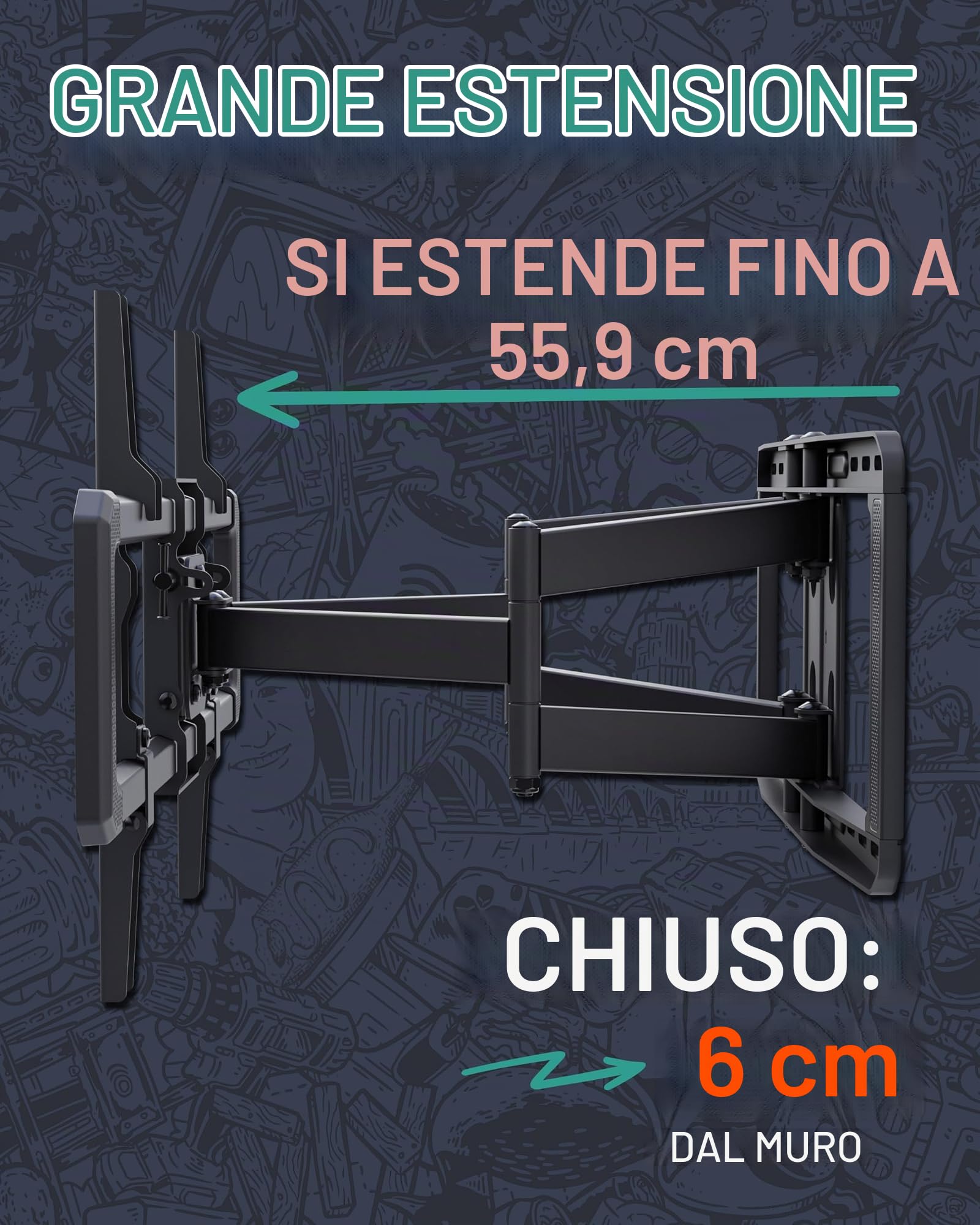 ECHOGEAR TV- Supporto da parete a movimento completo, schermi fino a 90, ruotabile, inclinabile, estendibile, design universale, con sagoma per fori di montaggio, adatto per Samsung, Vizio, LG, ecc.