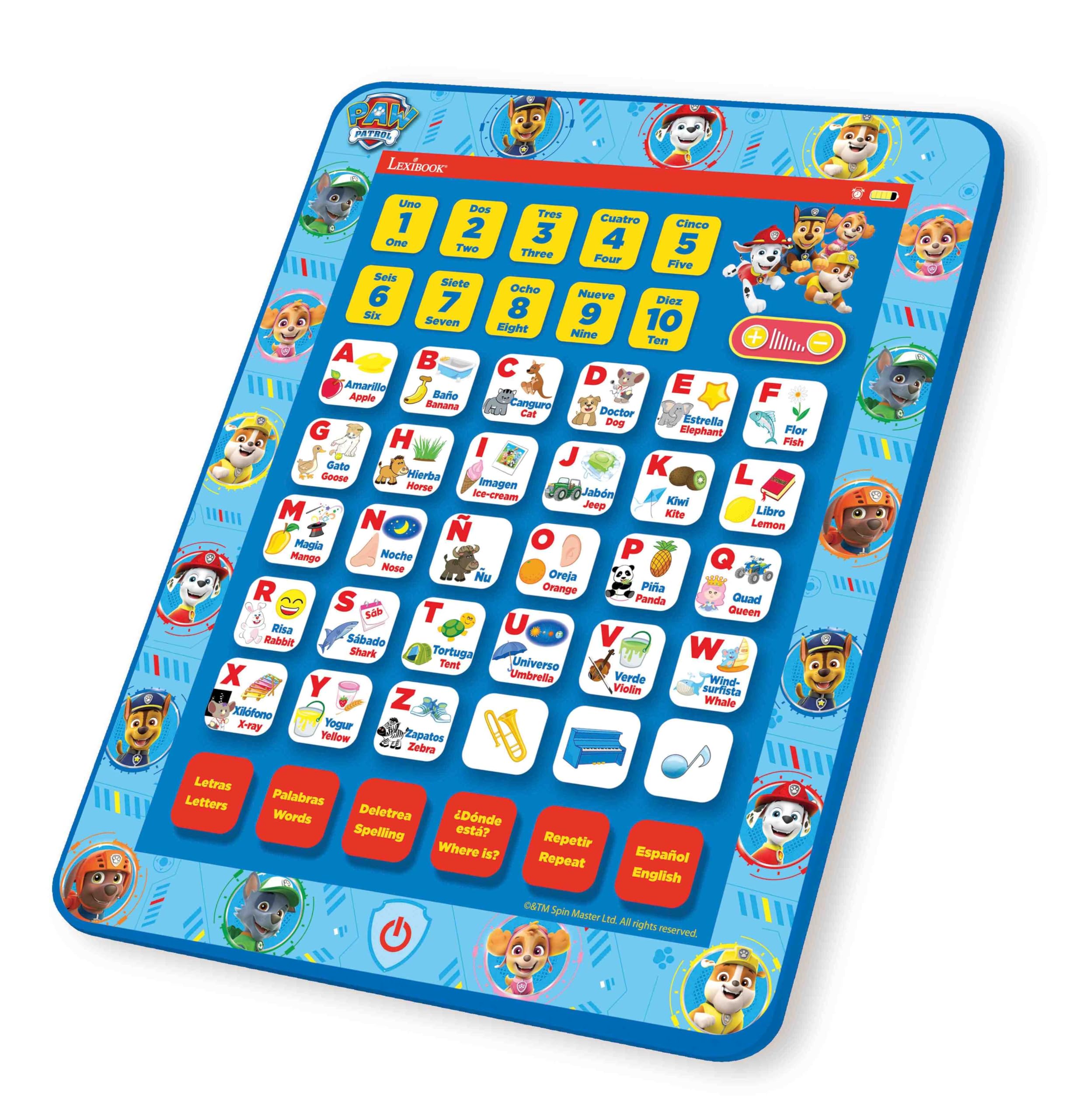 LEXIBOOK Paw Patrol, Educational Bilingual Interactive Learning Tablet, toy to learn alphabet, letters, numbers, words, spelling and music, English/Spanish languages, Blue, JCPAD002PAi2LXB