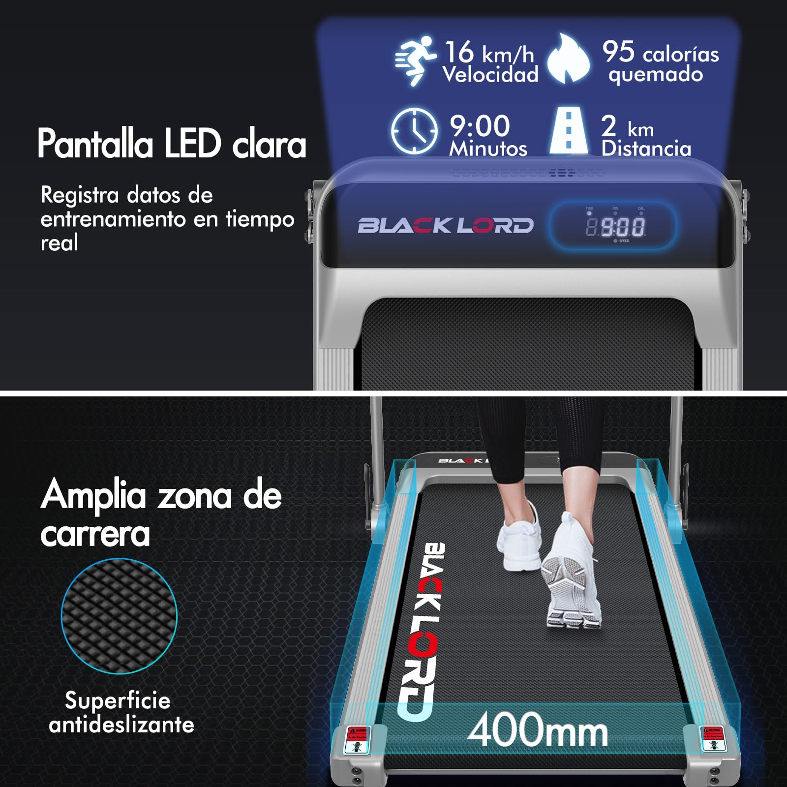 BLACK LORD Cinta de Correr, Walking Pad con/sin inclinación del 9%, Superficie de Carrera,9/12/16km/h, para Debajo del Escritorio, Pantalla LED, portátil,silenciosa,Capacidad de Peso de 120/130/140kg