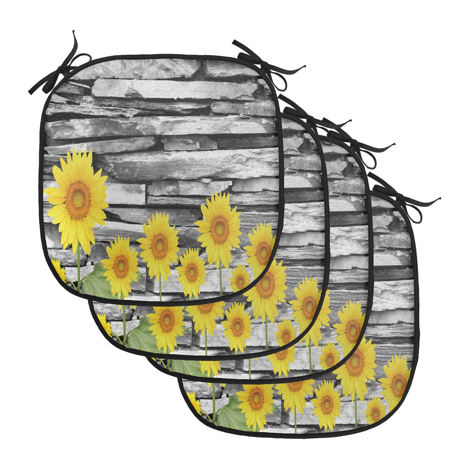Lunarable Brick Wall Chair Cushion Pads Set of 4, Sunflowers Leafs on Stone Wall Background Floral Urban Style Print, Anti-Slip Seat Padding for