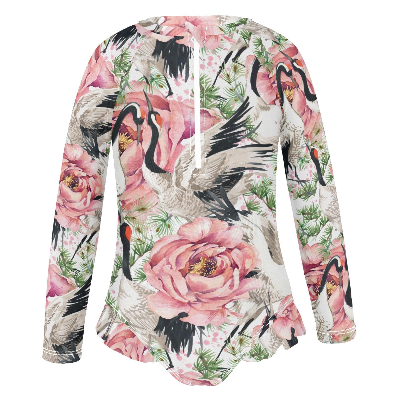 Ollabaky Baby Girls Long Sleeve Swimsuit Cranes Bird and Roses Flower One Piece Bathing Suit Rash Guard UPF50+ Toddler Girl Swimwear, 9-10T