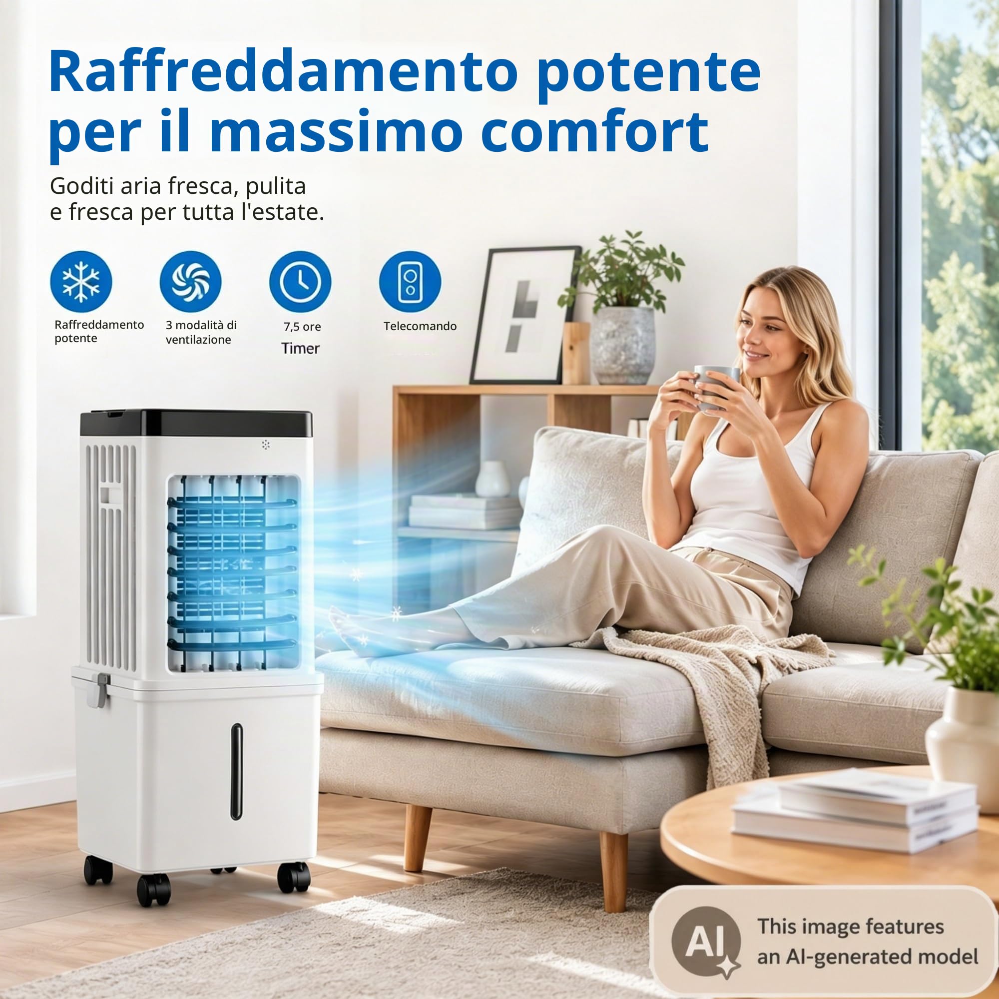 Ventilatore Raffrescatore d'Aria Evaporativo 15L, Condizionatore Portatile Senza Tubo, Timer 7,5 Ore, 3 Velocità, Ventilatore Silenzioso per Casa, Camera da Letto e Ufficio