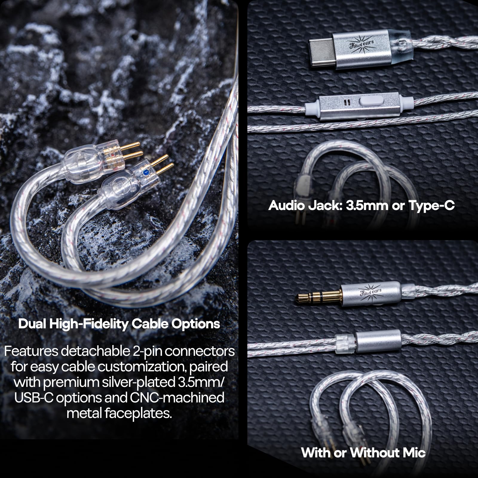 Kiwi Ears Belle słuchawki douszne, 10 mm DLC, przewodowe słuchawki douszne HiFi z odłączanym posrebrzanym kablem 2-pinowym do gier audiofilskich (bez mikrofonu, srebrne)