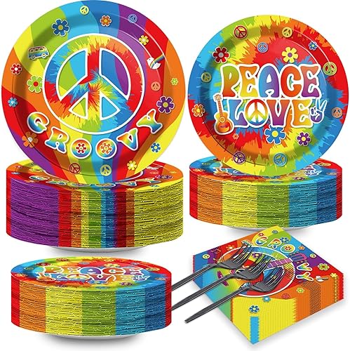 Juego de 200 platos de fiesta hippie de los años 60, servilletas de papel Groovy, juego de vajilla de papel teñido anudado para tartas y postres,