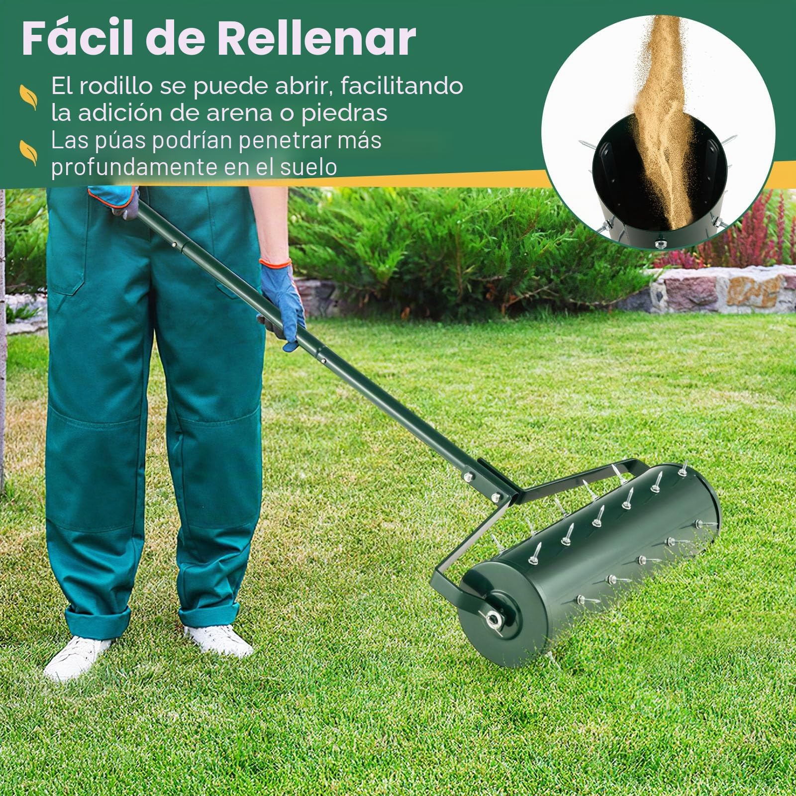 RELAX4LIFE Aireador para césped con rodillo de 44 cm/52 cm, 27/33 puntas antioxidantes de 3,4 cm, aireador de césped con mango largo, ideal para patios, jardines y césped (ancho: 52 cm, verde)