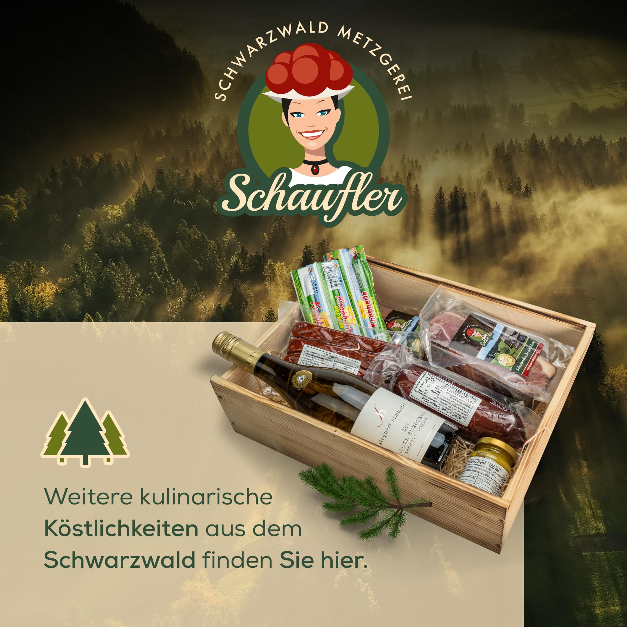 Schwarzwald Metzgerei Schaufler Badische Weinkiste - Rot- und Weißwein mit Pralinen und Knabberwurst-Pfefferbeisser 4-teilig