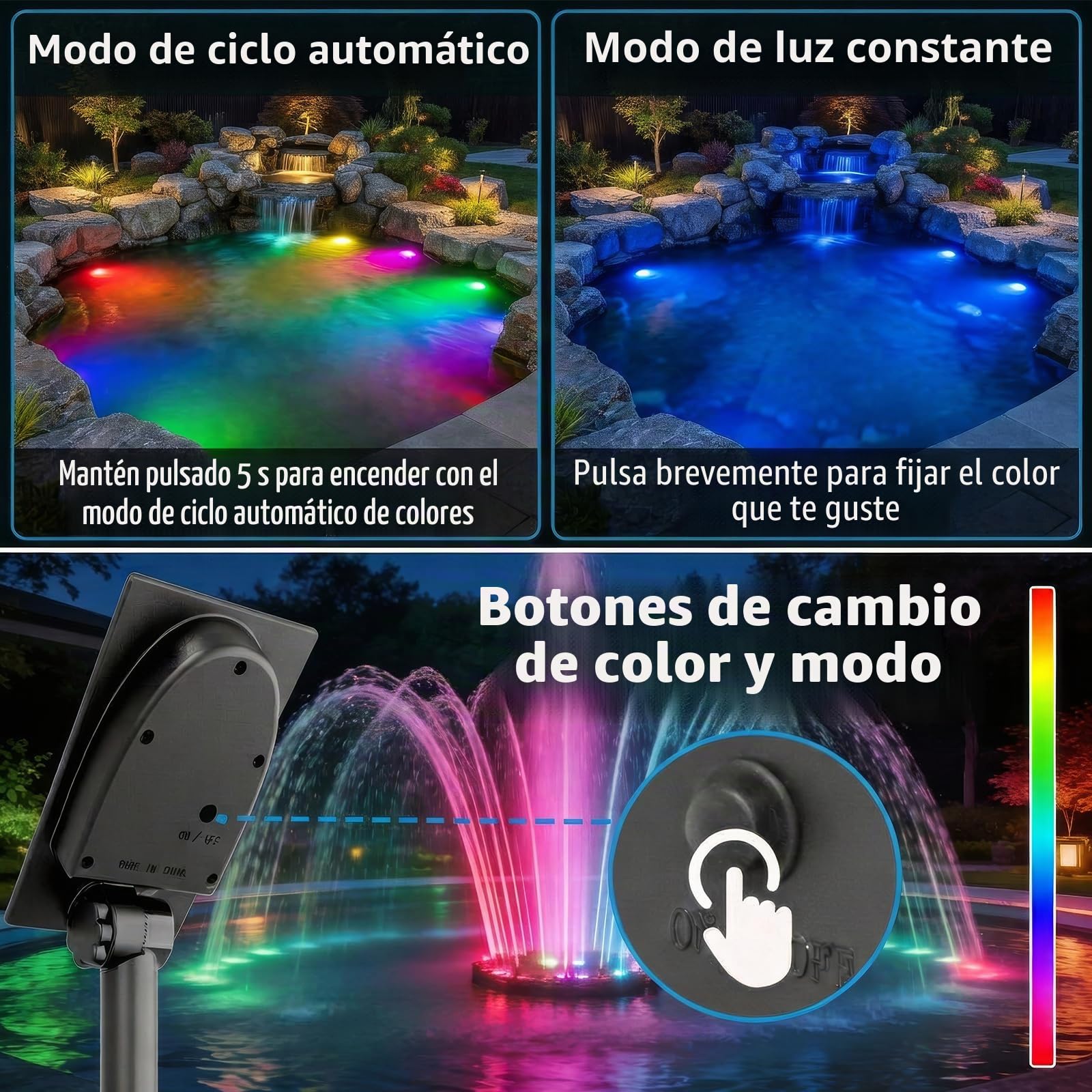 T-SUN Foco Solar 5 en 1 Luz Piscina Solar RGB Focos LED Piscina IP68 Impermeable Luces Solares Piscina Para Piscinas Sumergible Cambio de Color Para Piscinas, Estanques, Pecera