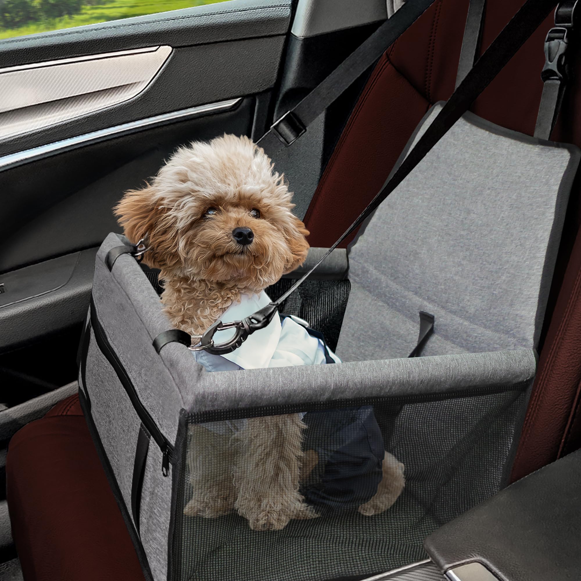 Flagest Dog Car Seat Travel Carrier Doggie Booster Cage, Oxford Breathable Folding Soft Washable Travel Bags for Dogs Cats or Other Small Pets, Dog Booster Seat (Grey)