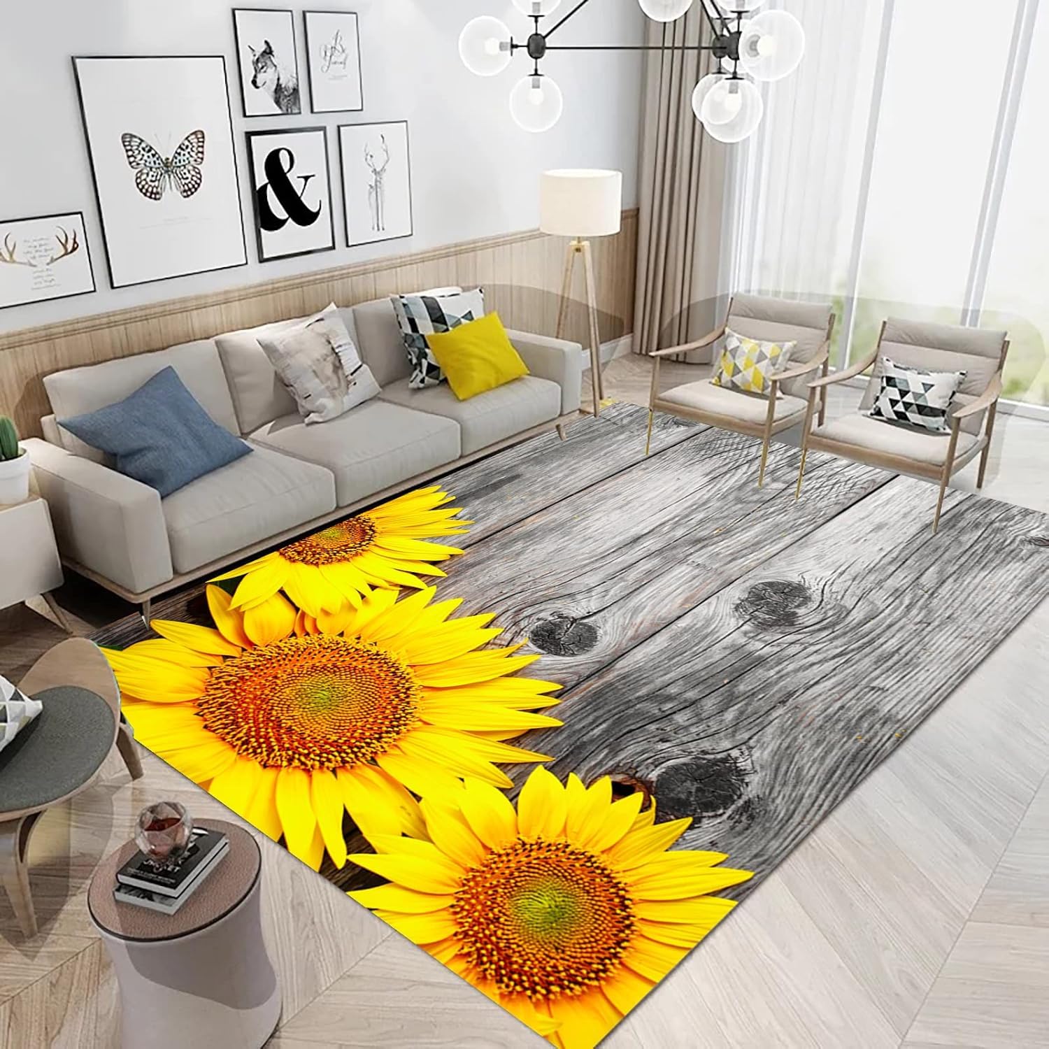Grand tapis de salon 180x280 cm en flanelle antidérapante avec motif tournesol 3D