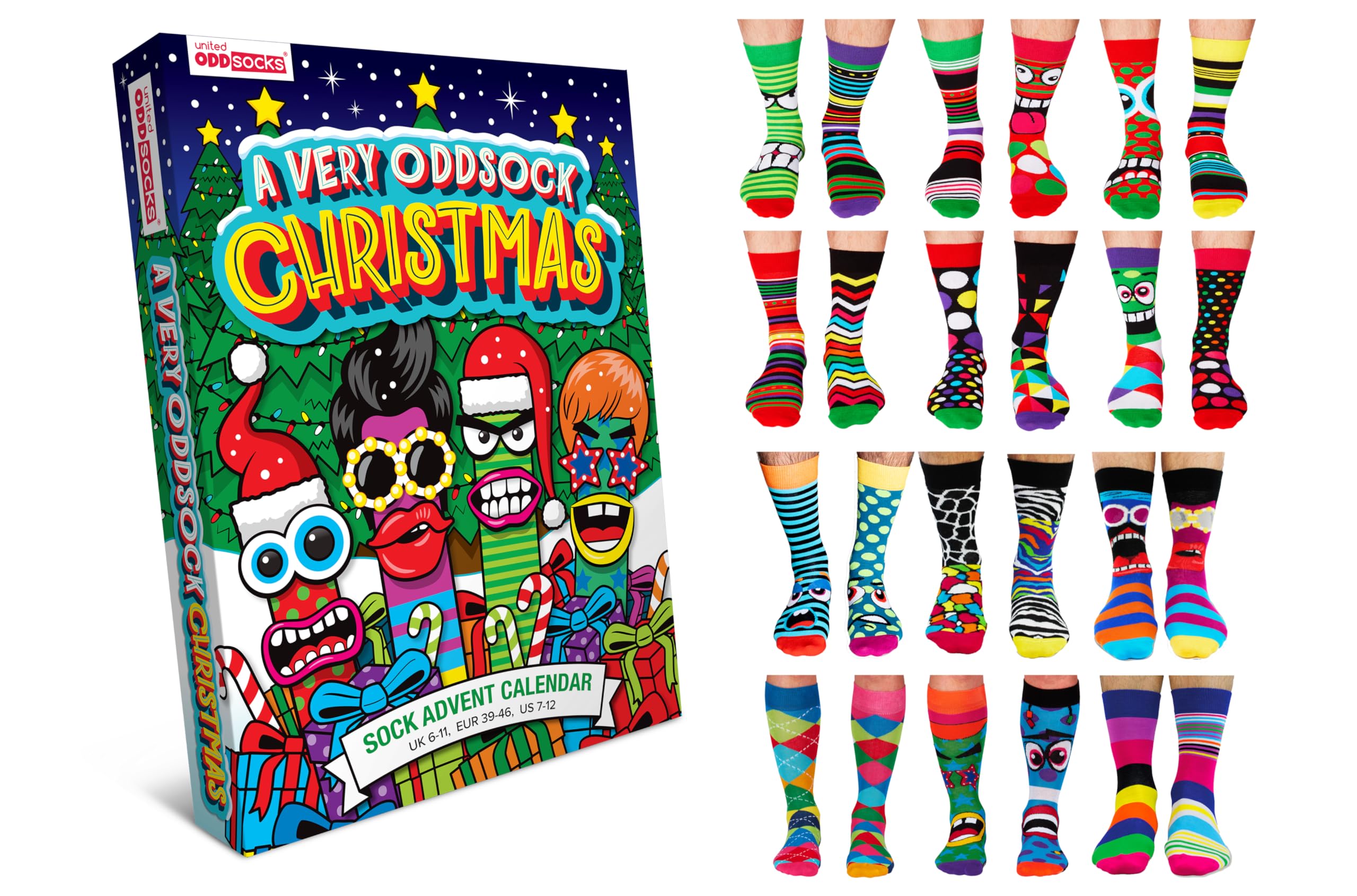 United Oddsocks A Very Oddsock Christmas Sock Advent Calendar, 24 Colourful Men’s Odd Socks, UK 6-11 EUR 39-46 US 7-12, Festive Advent Calendar Sock Set, Mix & Match for 276 Combos, Cotton Rich & Fun
