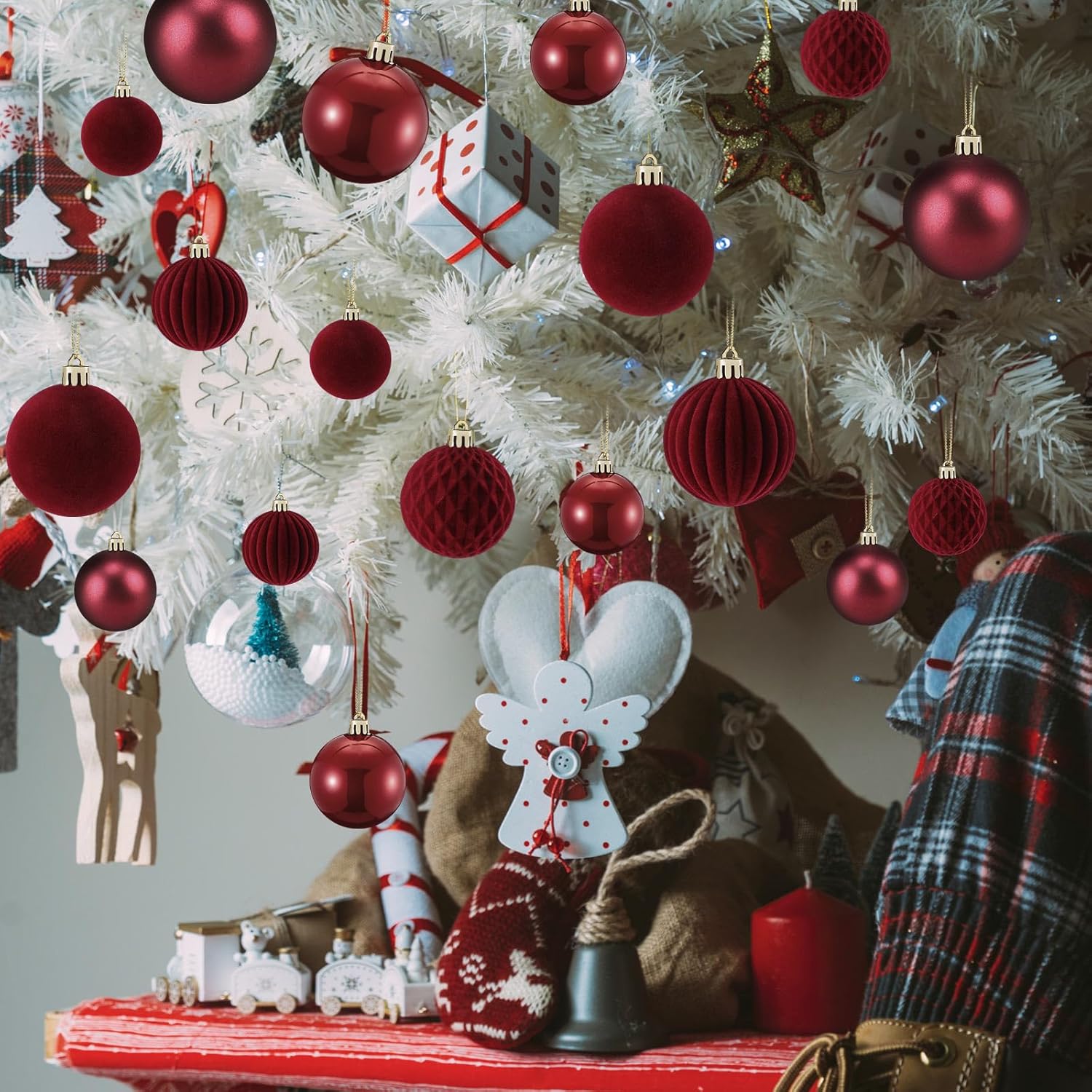 Soulchen 42 Pcs Velvet Christmas Ornaments Set Flocked Burgundy Christmas Ball Ornaments Hanging Shatterproof Xmas Ball Decor with 5 Styles in 3 Sizes for Xmas Tree Holiday Indoor Outdoor Home Decor - Image 7