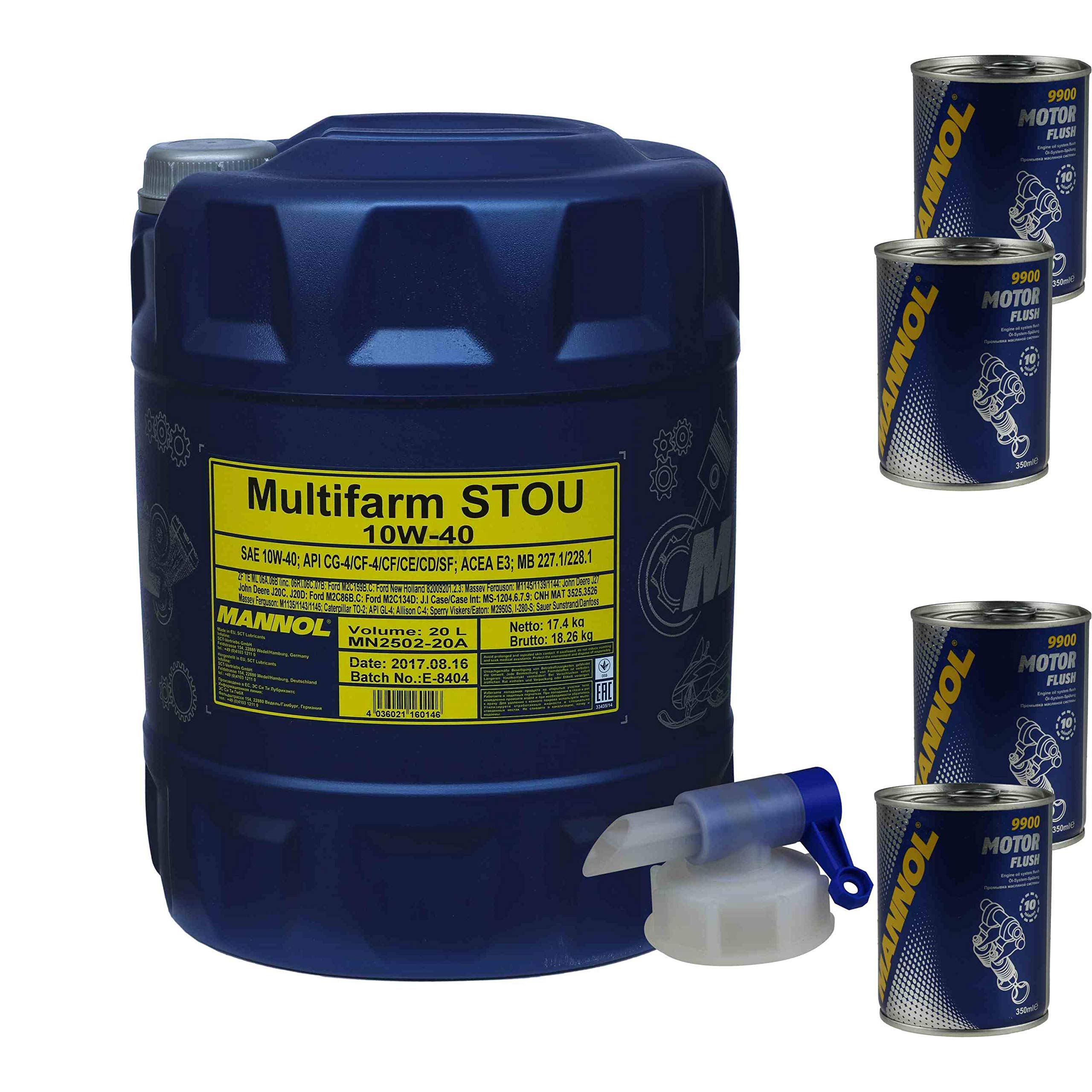 Olio per motori Mannol Multifarm STOU 10W-40 per macchine agricole 4xMotor Flush, 20 l
