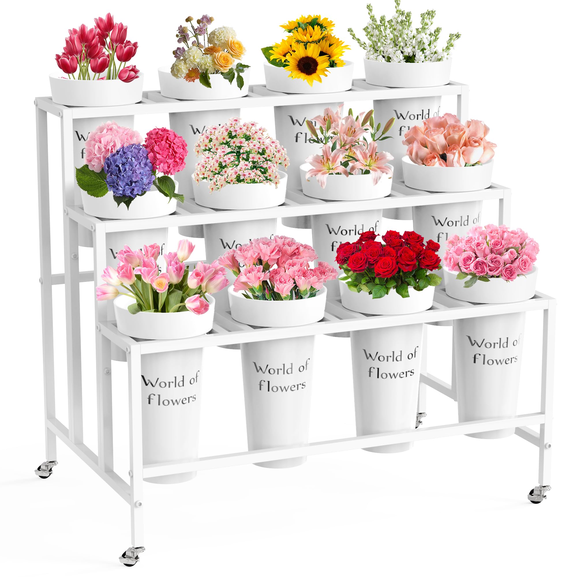 VGMiu Flower Display Stand with 12 Buckets, 3 Layers Flower Cart
