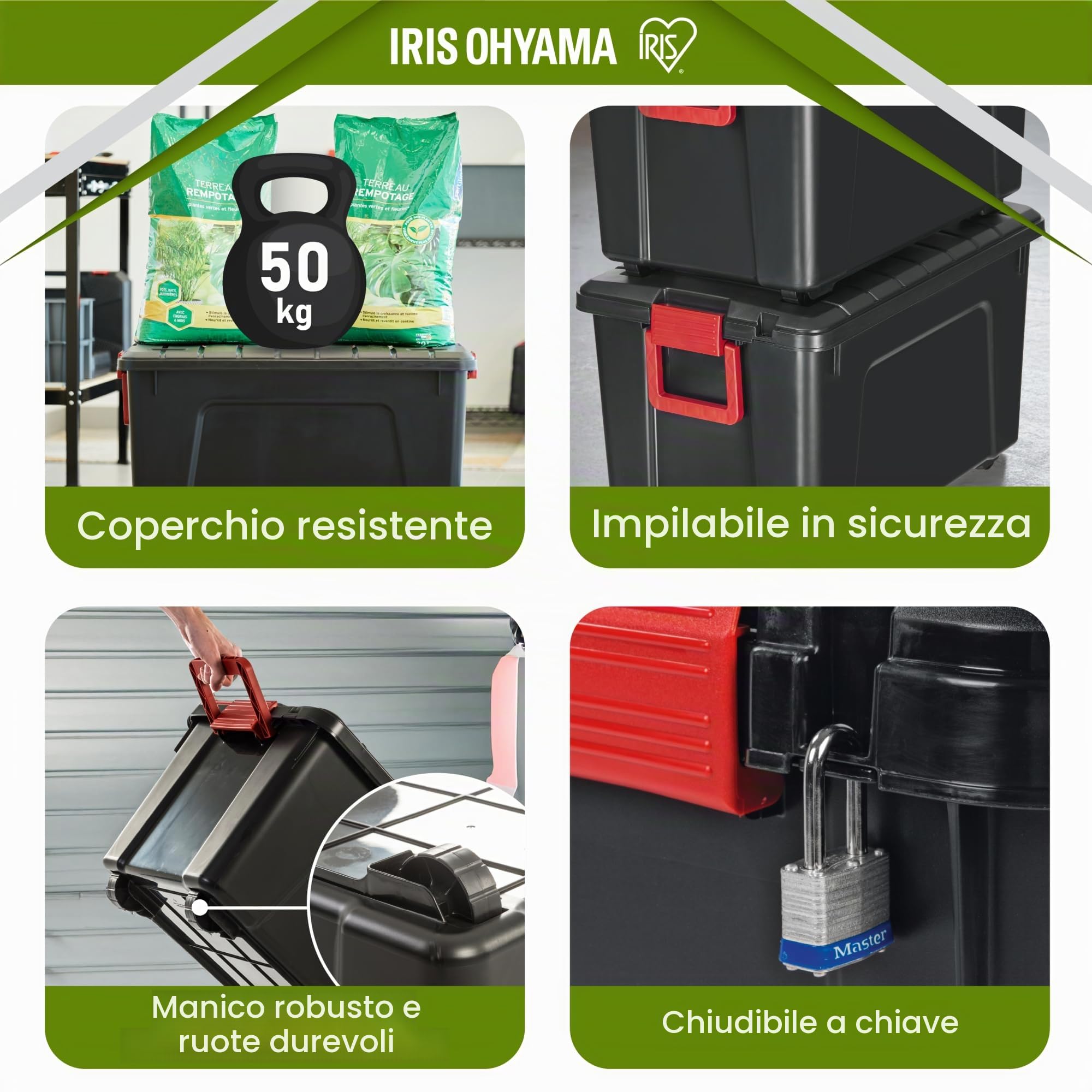 Iris Ohyama, Set di 3 scatole di immagazzinaggio, fai da te, 75 L, maniglia e ruote, mobile, garage, giardino - Store it All Box SIA-75 - Nero