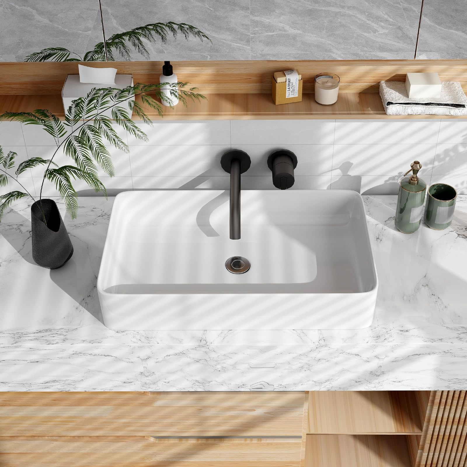 GYMAX 60 x 35 x 11 cm Lavabo in Ceramica Rettangolare con Scarico a Pressione, Lavello d'Appoggio Bianco con Superficie Liscia per una Pulizia Facile, Stile Moderno, Ideale per Casa, Ristorante, Hotel