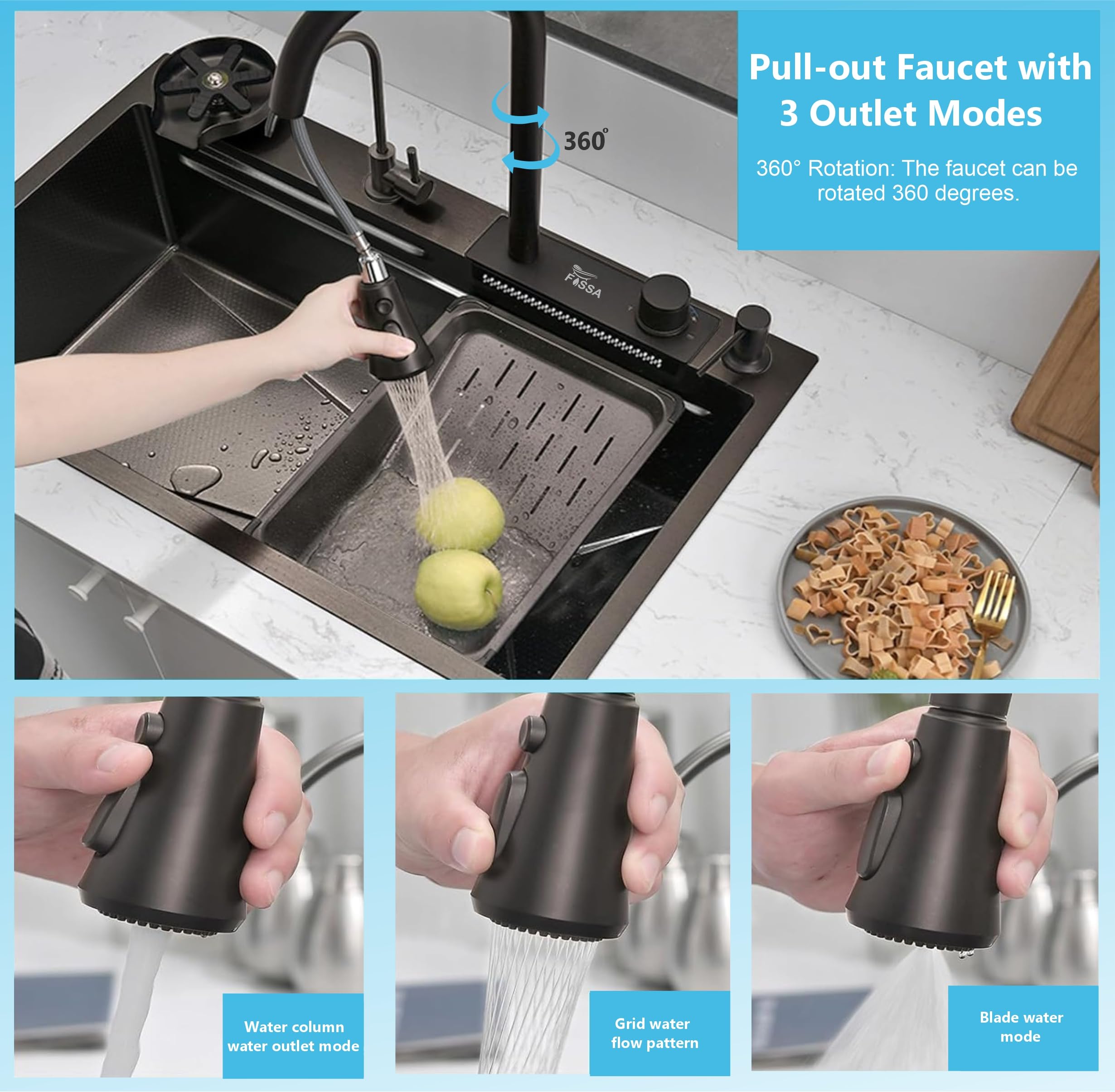 Fossa 30"x18"x09" 5-Year Warranty Single Bowl Waterfall Pure Premium Stainless Steel Kitchen Sink Honeycomb Embossed Sink with Nano Coating, Faucet With Included All Accessories. (Black) 1