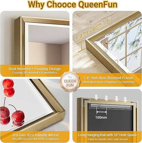 Miniatura 8 de Espejo de baño dorado de 48 x 30 pulgadas, espejo de baño biselado de oro cepillado, espejo rectangular grande con marco dorado inastillable, espejo