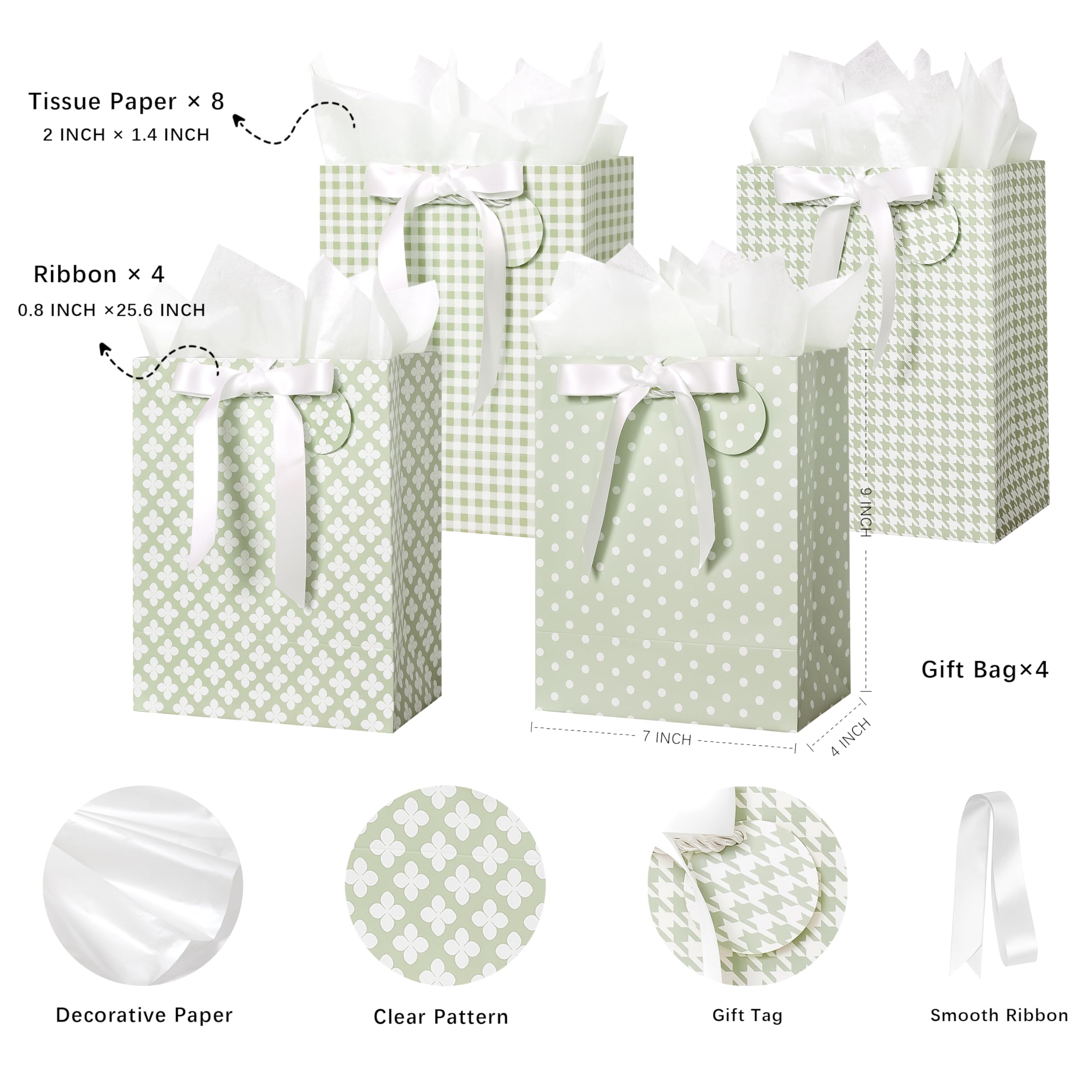 Crisky Sage Green Gift Bags Medium Size with Handles, Tissue Paper & Ribbon - 4 Pack 9"- Medium Gift Bags for Women Birthday Christmas Wedding Bridal Shower Graduation & New Year Gifts