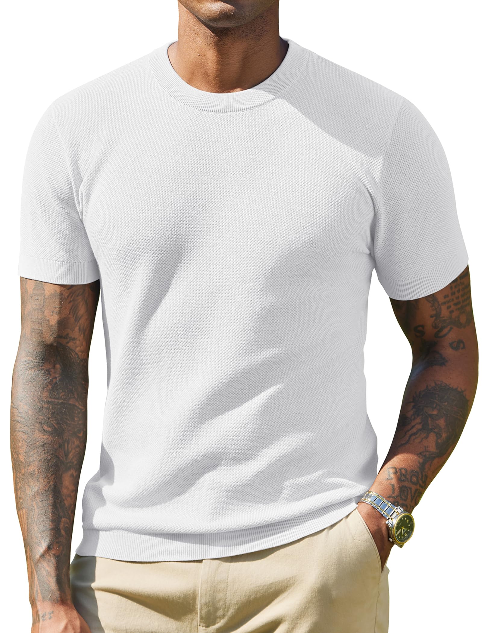 COOFANDY T Shirt Herren Strick Tshirt Männer Basic T Shirt Sommer Pullover Kurzarm T-Shirt mit Rundhals Oberteile Strickshirt