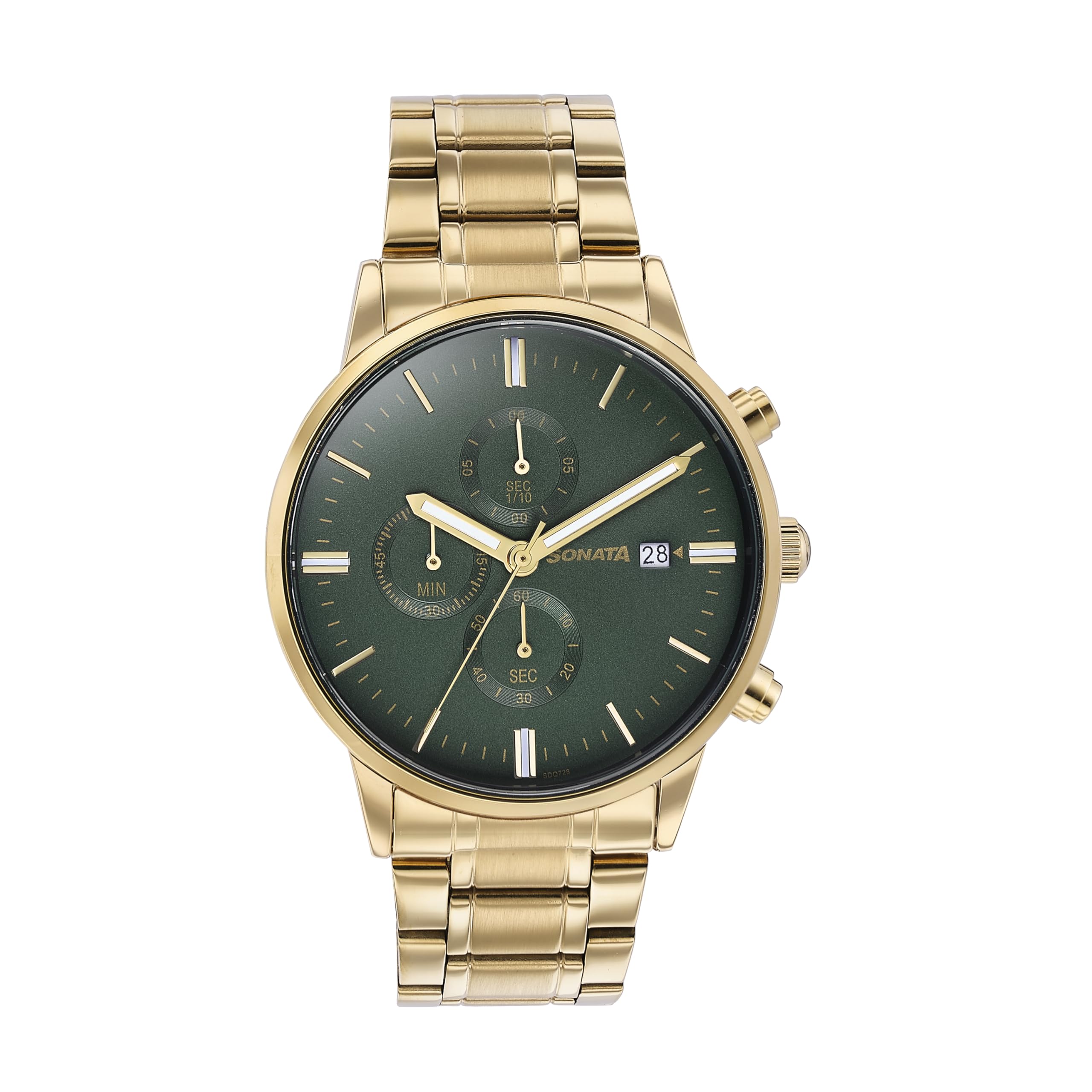 sonata Quartz Multifunction Green Dial Golden Stainless Steel Strap Watch for Men-picture-4