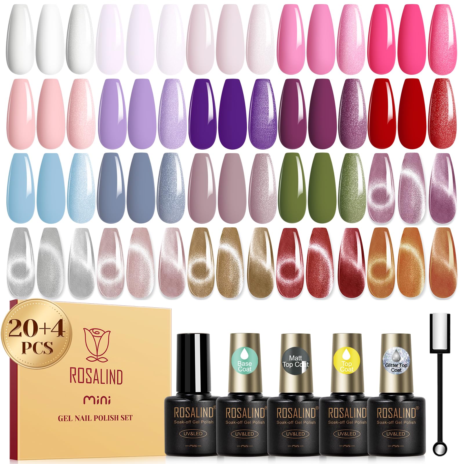 ROSALIND UV Nagellack Set, 24 Stück Rosa Violett Grün Blau Gel Nagellack Set mit Silber Rosa Rot Orange Cat Eye Katzenauge Gel, Soak Off UV LED Mini Nail Polish für Nail Art Maniküre Geschenkset